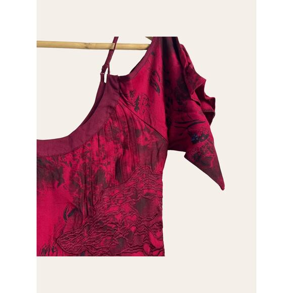 Free People Red Cold-Shoulder Floral Abstract Mini Dress Size 4 - Picture 4 of 12